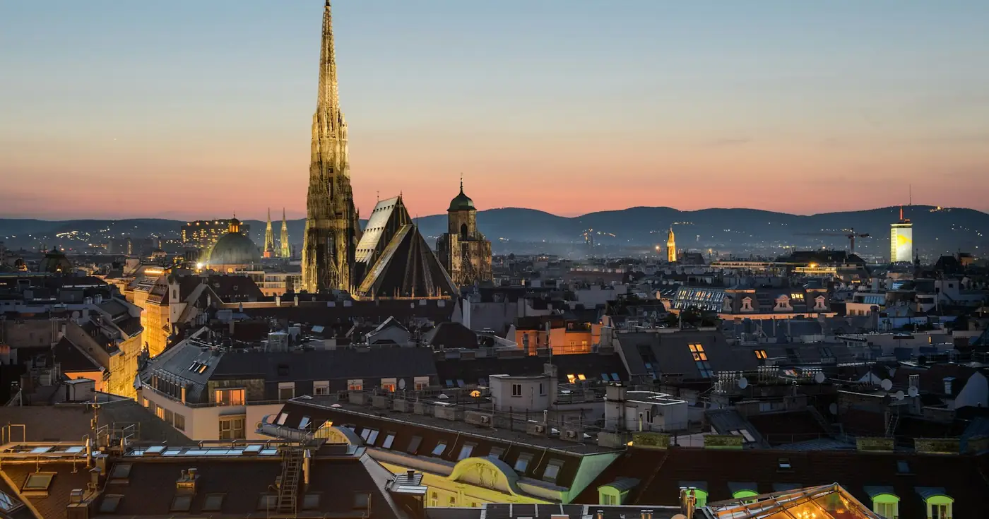 St. Stephen's Cathedral above the rooftops of Vienna at sunset